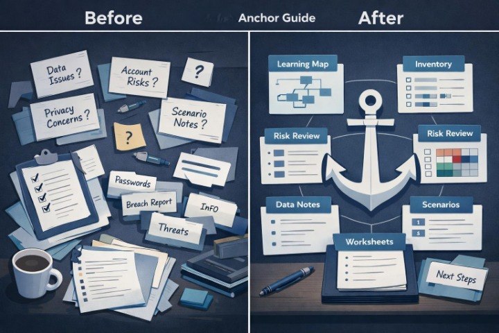 A split comparison graphic labeled Before and After, showing a cluttered desk with sticky notes, papers, and a coffee cup on the left, and a clean anchor-centered planning layout with labeled sections on the right. The image appears to be a conceptual diagram rather than a straightforward product photo.