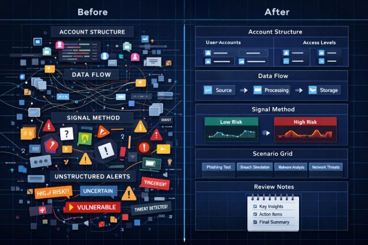 A digital infographic comparing a 'Before' state of messy, cluttered account structure and data flow with an 'After' state of organized, structured sections including user accounts, data flow, signal method, scenario grid, and review notes.