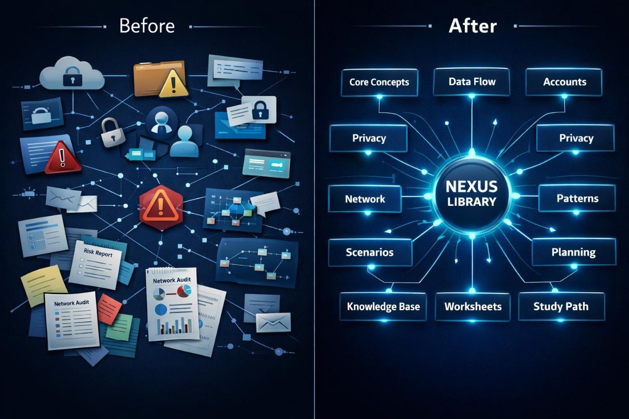 A digital infographic comparing a 'Before' state with an 'After' state under the brand 'NEXUS LIBRARY'. The left 'Before' side features a cluttered network of various tech icons, documents, and warning symbols on a dark background.
