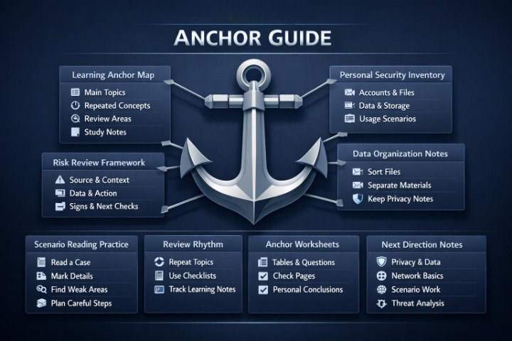 A dark blue infographic titled 'ANCHOR GUIDE' with a large metallic anchor in the center and several labeled boxes around it, including Learning Anchor Map, Personal Security Inventory, Risk Review Framework, Data Organization Notes, Scenario Reading Practice, Review Rhythm, Anchor Worksheets, and Next Direction Notes.