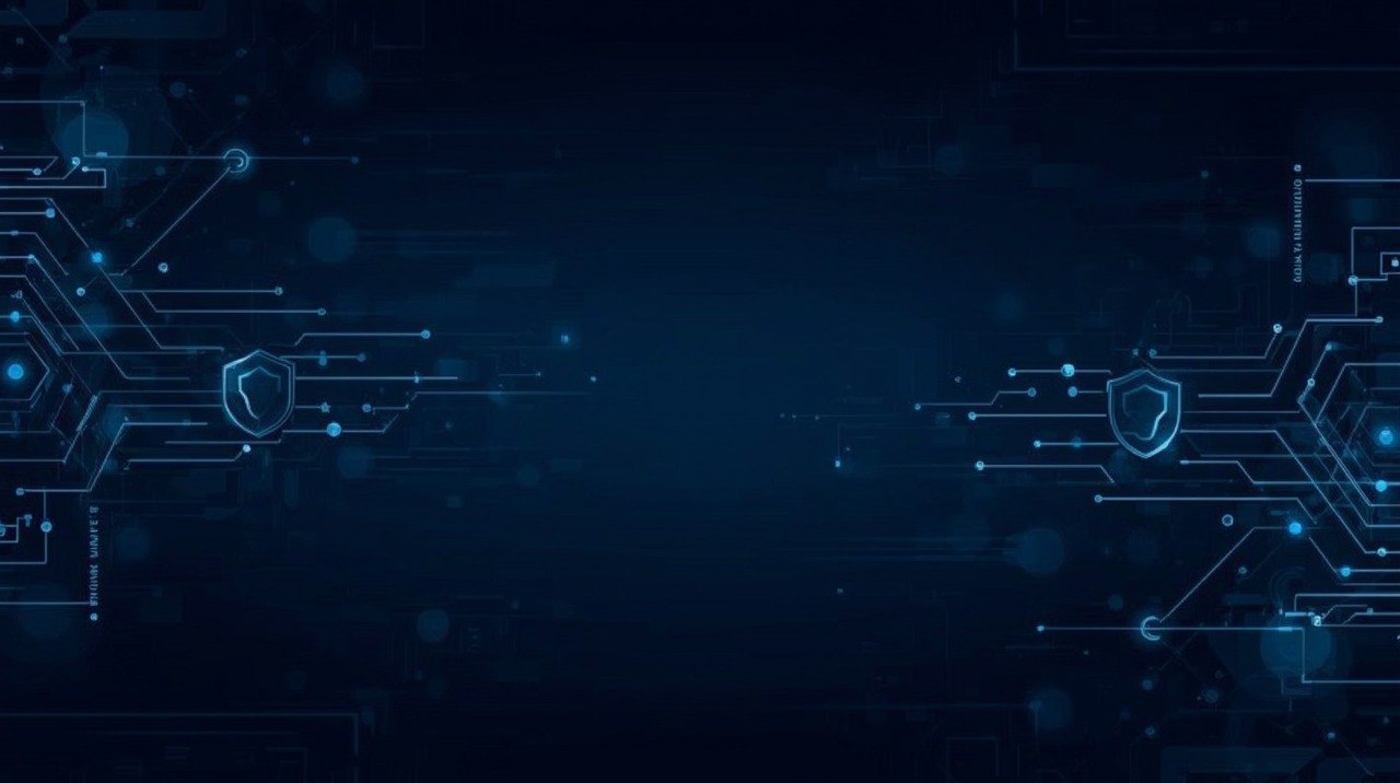 A dark blue digital background with glowing circuit board lines and shield icons on both sides, creating a futuristic technology or cybersecurity visual.