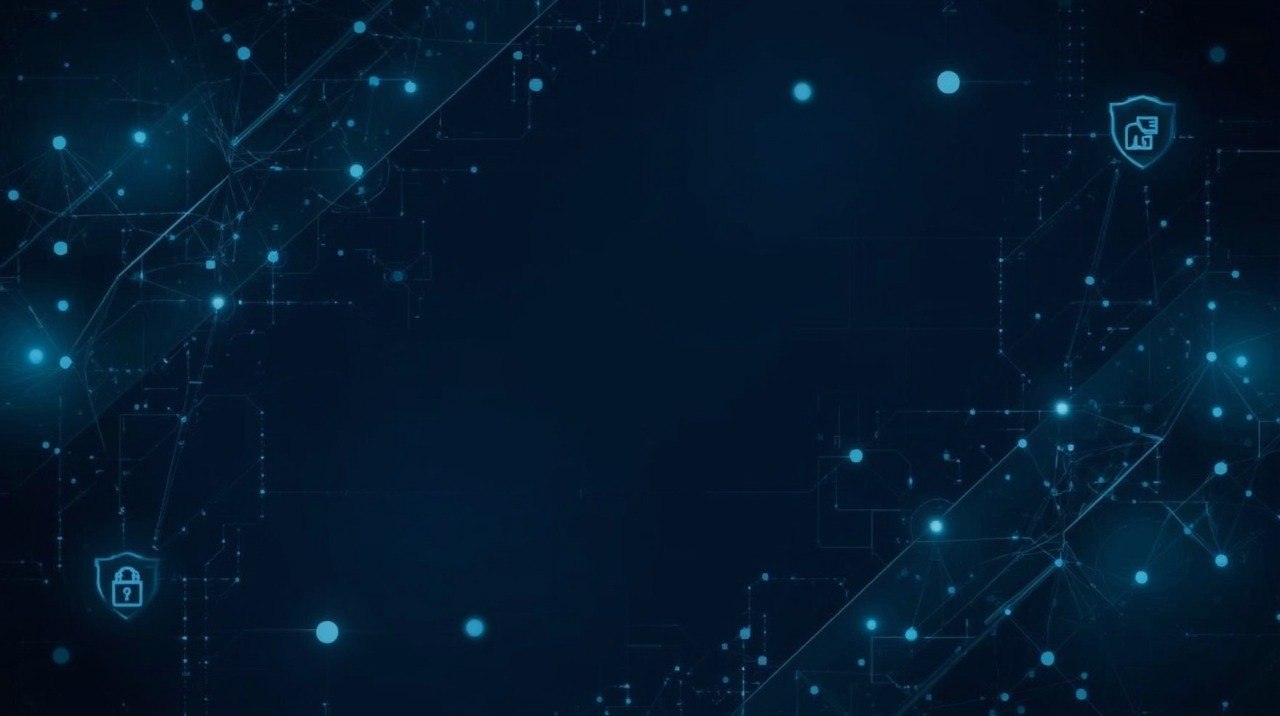 A dark blue digital background with glowing cyan dots, connecting lines, and small security-style icons including a lock and a shield with a house.