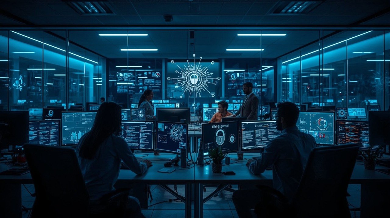 A dark, futuristic command center with several people seated at desks surrounded by glowing computer monitors and blue LED lighting. A large holographic interface is visible on the wall screen in the center.