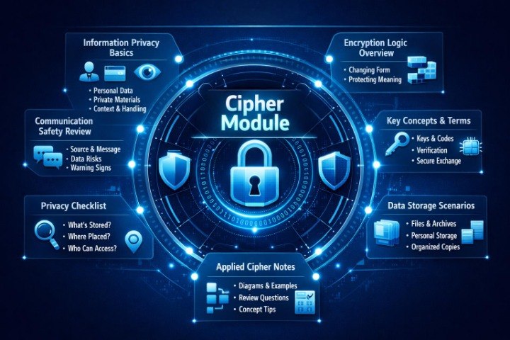 A digital infographic diagram titled 'Cipher Module' on a dark blue background, showing various cybersecurity and cryptography topics like encryption, privacy, and data storage in glowing blue and white panels arranged around a central padlock icon.