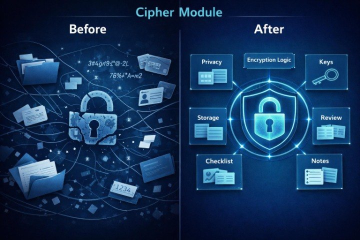 A digital infographic titled 'Cipher Module' comparing a 'Before' state with an 'After' state. The left side shows a chaotic, encrypted layout with files, a lock, and abstract lines under the label 'Before'.
