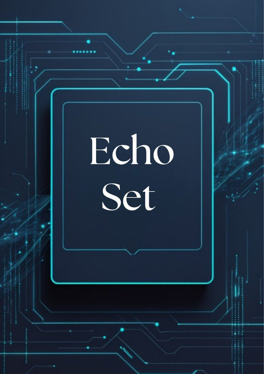 A digital graphic featuring a dark navy blue central square with the text 'Echo Set' in white serif font, surrounded by glowing cyan circuit board lines on a dark navy background.