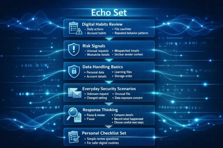 A digital infographic titled 'Echo Set' on a dark blue tech-themed background with glowing light waves and binary code. It lists six security and habit-checklist sections: Digital Habits Review, Risk Signals, Data Handling Basics, Everyday Security Scenarios, Response Thinking, and Personal Checklist Set, each in a blue rounded rectangle with white text.