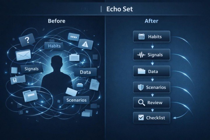 A dark blue digital infographic titled 'Echo Set' comparing a 'Before' state with an 'After' workflow. The left side shows a human silhouette surrounded by floating icons for habits, signals, data, and scenarios.