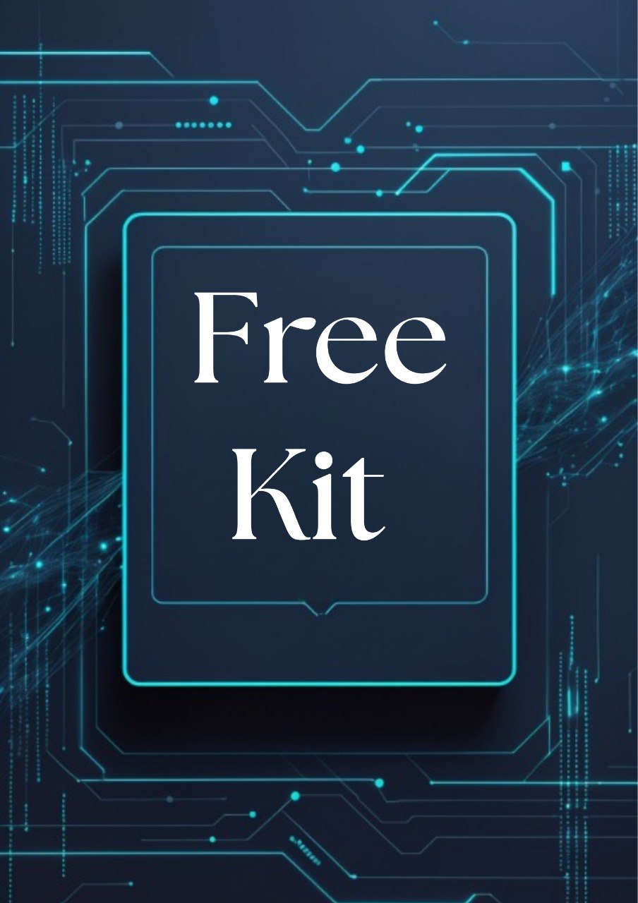 A digital graphic with the words 'Free Kit' in large white serif text inside a dark navy rounded rectangle, surrounded by glowing cyan circuit-like lines on a dark blue background.