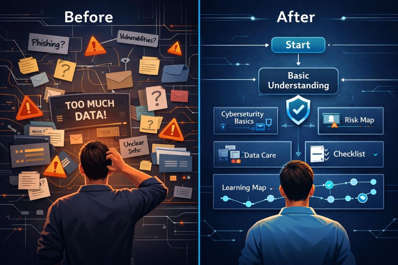 A split comparison graphic labeled 'Before' and 'After' showing a man from behind facing a cluttered wall of security warning icons and notes on the left, and a clean blue digital flowchart labeled 'Start', 'Basic Understanding', 'Cybersecurity Basics', 'Risk Map', 'Data Care', 'Checklist', and 'Learning Map' on the right.