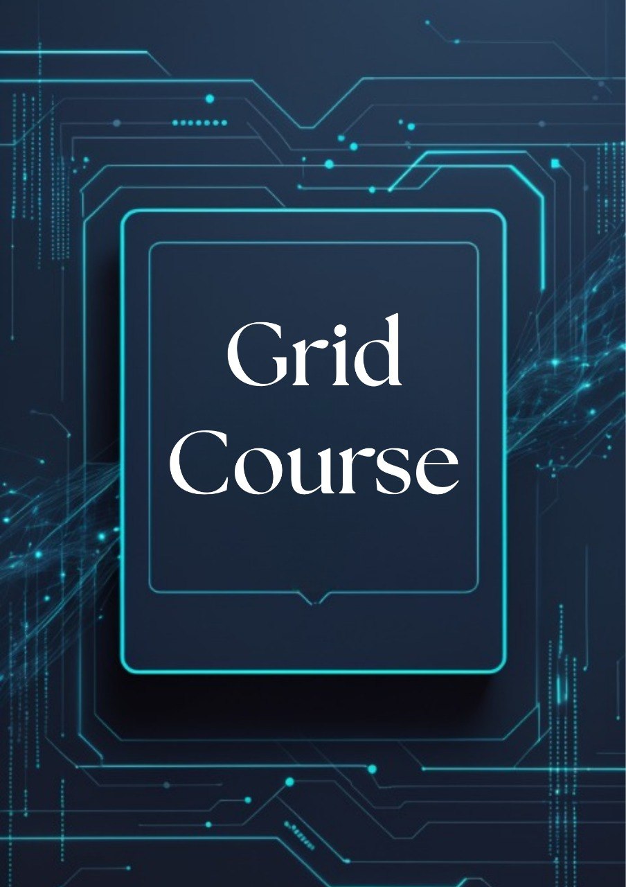 A digital cover graphic for a 'Grid Course' featuring white serif text inside a dark navy blue rounded square, surrounded by glowing cyan circuit board lines on a dark navy background.