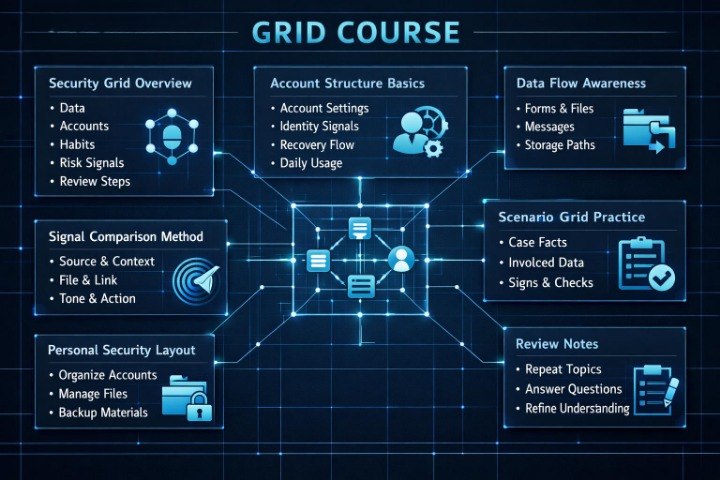 A digital infographic titled 'GRID COURSE' on a dark blue grid background, showing six labeled knowledge boxes connected by lines: Security Grid Overview, Account Structure Basics, Data Flow Awareness, Signal Comparison Method, Scenario Grid Practice, Personal Security Layout, and Review Notes.