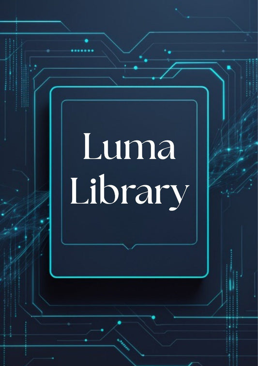 A digital cover design featuring the text 'Luma Library' in white serif font inside a dark navy blue central card, surrounded by glowing cyan circuit board lines on a dark navy background.