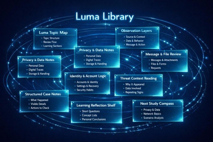 A digital flowchart titled 'Luma Library' on a dark blue background, showing multiple glowing blue labeled boxes connected by circular lines and arrows. The boxes include topics like Privacy & Data Notes, Identity & Account Logic, Structured Case Notes, Learning Reflection Shelf, Next Study Compass, Observation Layers, Message & File Review, and Threat Context Reading.