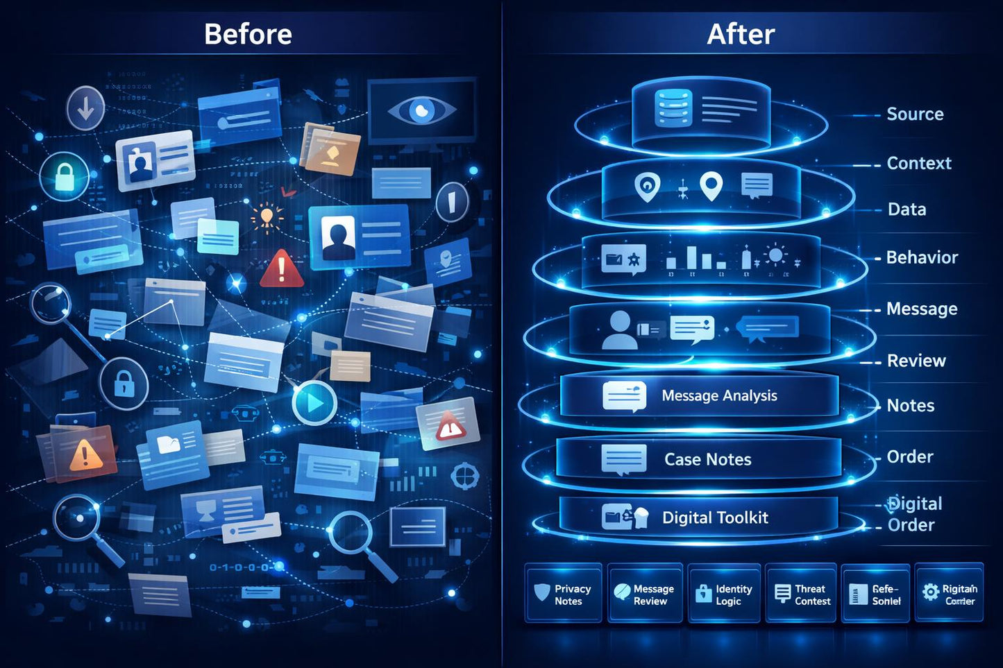 A digital infographic comparing a chaotic 'Before' state with an organized 'After' workflow. The left side, labeled 'Before', shows a cluttered network of various digital icons, documents, and security symbols.