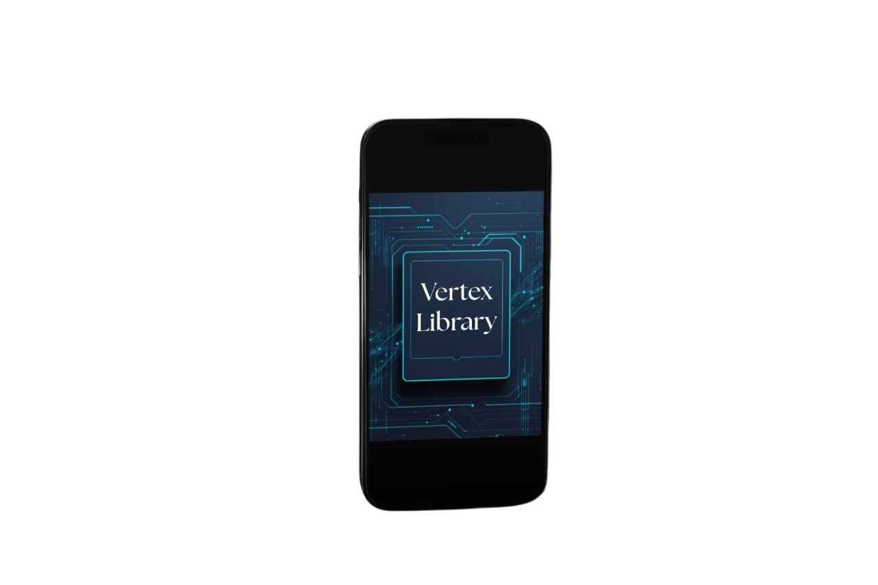 A black smartphone shown upright on a plain white background, with its screen displaying a blue tech-style graphic and the text 'Vertex Library'.