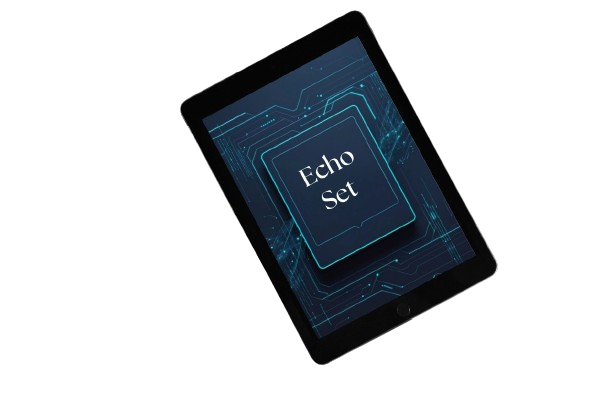 A black tablet device shown at an angle on a plain white background, with a blue and black digital display reading 'Echo Set'.