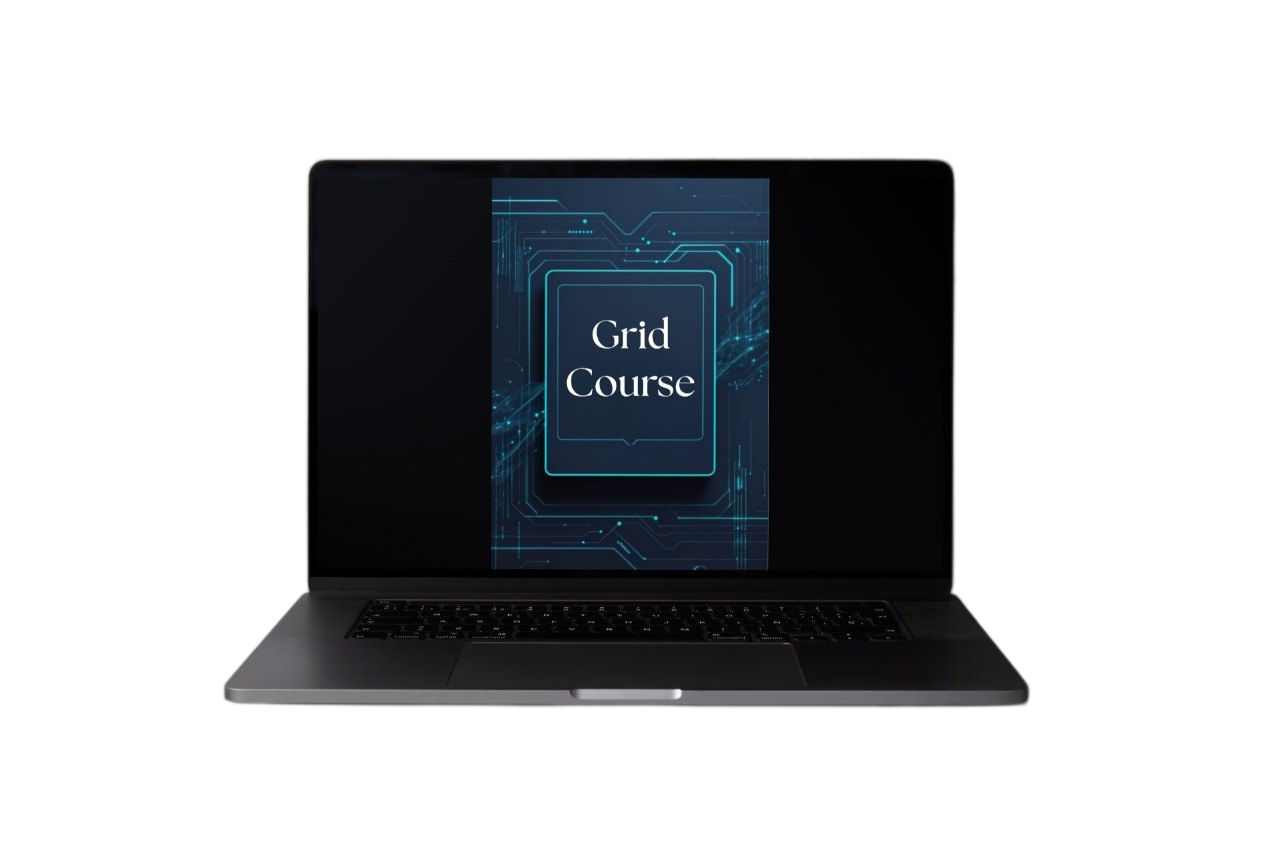 A dark gray laptop shown open against a plain white background, with the screen displaying a blue and black graphic that reads 'Grid Course'.