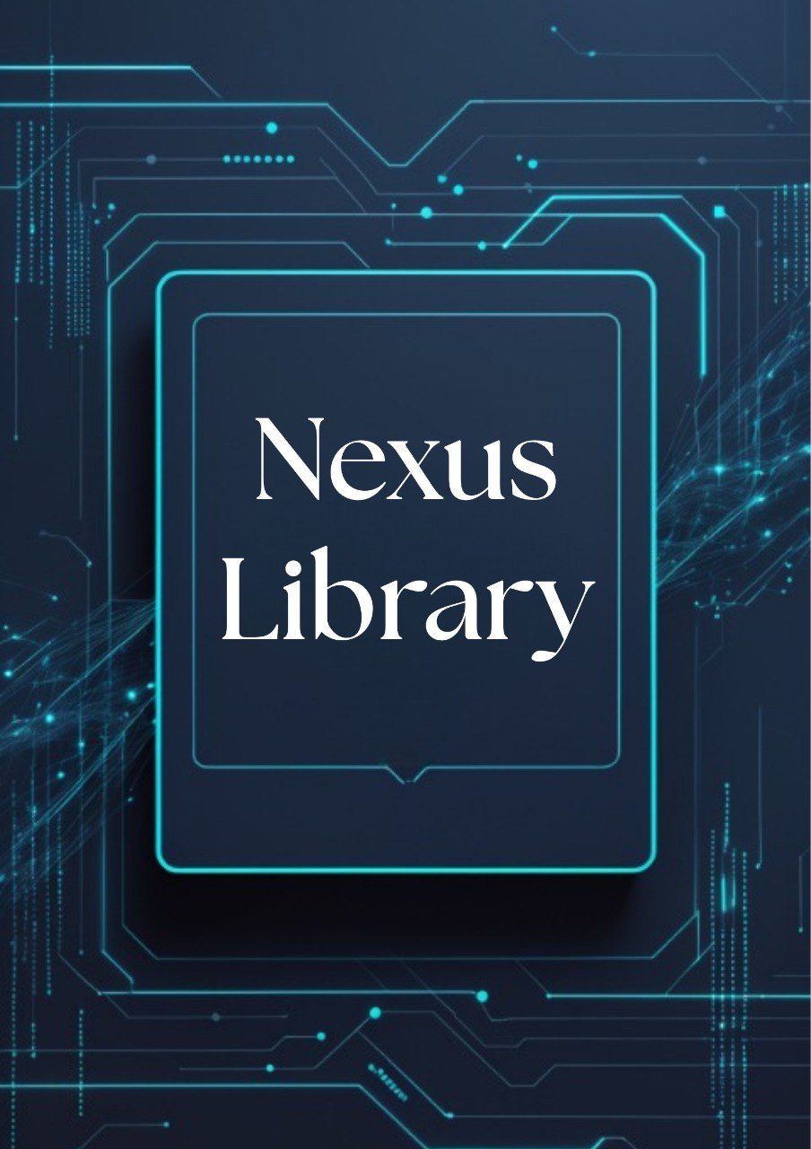 A digital cover design featuring the text 'Nexus Library' in white serif font inside a dark navy blue central card, surrounded by glowing cyan circuit board lines on a dark navy background.