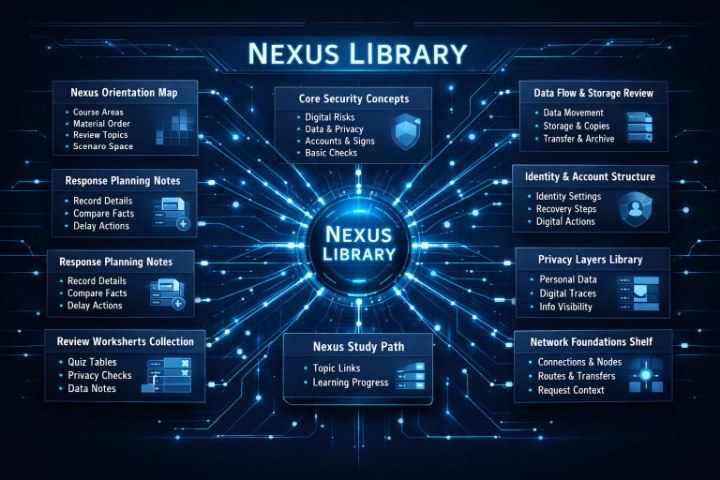 A digital infographic titled 'NEXUS LIBRARY' on a dark blue circuit-board background, showing multiple labeled knowledge modules such as Nexus Orientation Map, Core Security Concepts, Data Flow & Storage Review, Identity & Account Structure, Privacy Layers Library, Nexus Study Path, and Network Foundations Shelf arranged around a central Nexus Library badge.