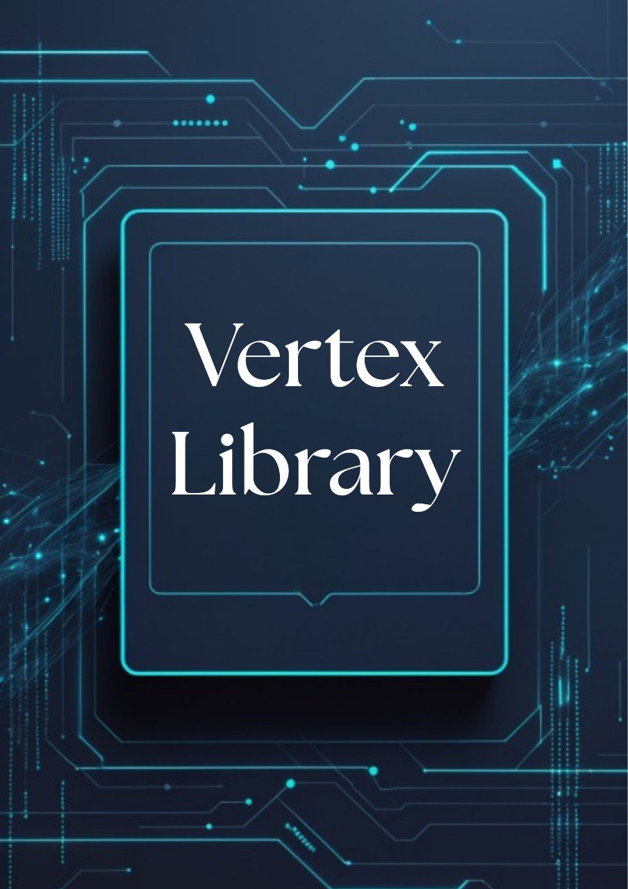 A digital cover or graphic for a 'Vertex Library' featuring white serif text inside a dark blue rounded square, surrounded by glowing cyan circuit board lines on a dark navy background.
