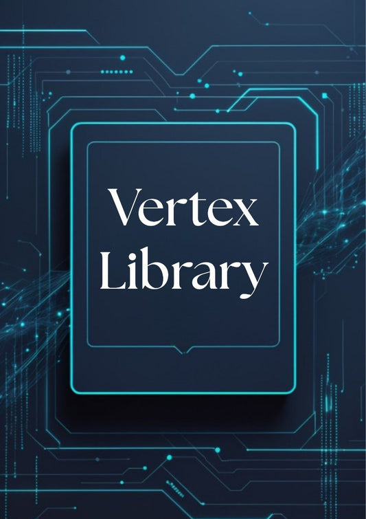 A digital cover or graphic for a 'Vertex Library' featuring white serif text inside a dark blue rounded square, surrounded by glowing cyan circuit board lines on a dark navy background.