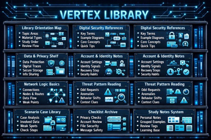 A digital infographic titled 'VERTEX LIBRARY' in glowing blue text, showing a grid of 16 dark blue and black study cards with icons and text for cybersecurity, data privacy, network basics, threat patterns, case studies, checklists, and study notes.
