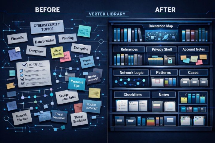 A dark blue infographic comparing a messy 'Before' desk setup for cybersecurity topics with an organized 'After' library system. The left side shows scattered sticky notes, bookmarks, and documents on a desk.