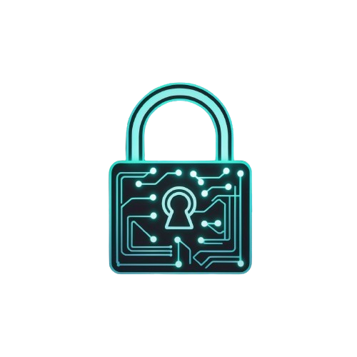 A digital graphic icon of a padlock with a glowing teal circuit board pattern on a solid white background.