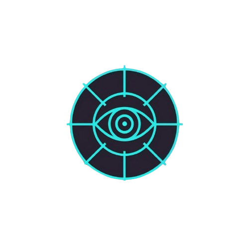 A minimalist vector icon of a teal eye within a circular target pattern on a solid white background.