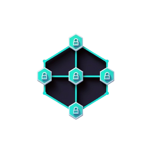 A digital graphic icon depicting a hexagonal network structure with five nodes, each marked with a padlock symbol, rendered in shades of cyan, teal, and dark gray on a solid white background.