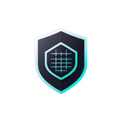 A digital shield icon with a dark navy blue center, a cyan grid pattern in the middle, and a glowing cyan border, set against a plain white background.